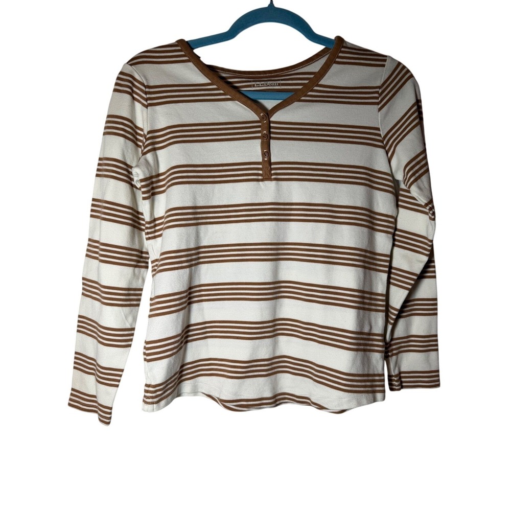 LL Bean Womens XS White Brown Striped Cotton Long Sleeve Henley Top 524104
